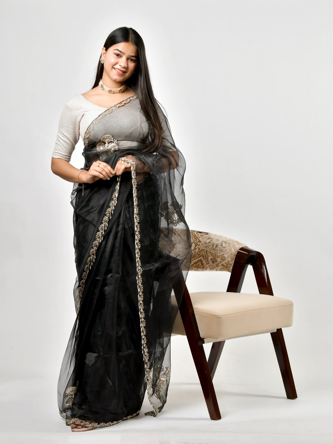 02-1 Organza Black Designer Saree - Image 1