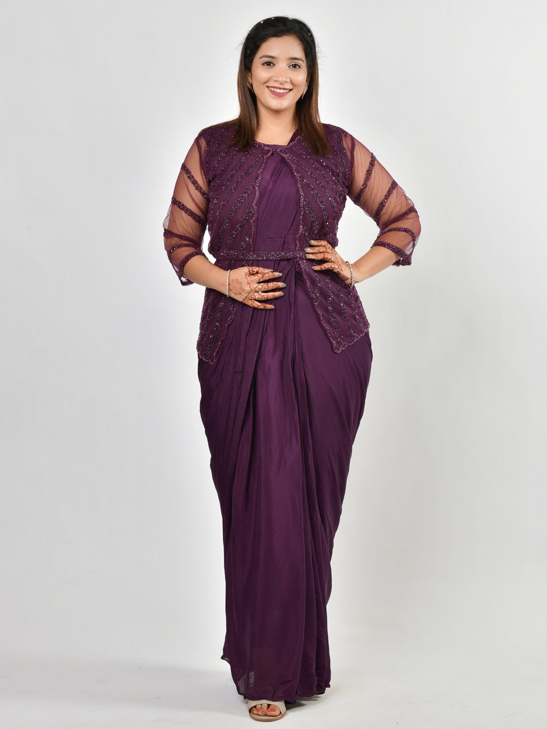 05-1 Wine Saree Style Gown with Jacket - Image 1