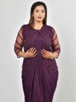 Wine Saree Style Gown with Jacket - Image 4