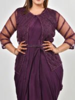 Wine Saree Style Gown with Jacket - Image 5