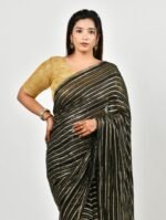 Black & Gold Striped Party Wear Saree with Golden Blouse
