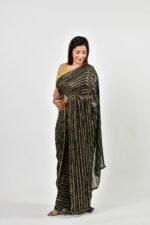 Black & Gold Striped Party Wear Saree with Golden Blouse - Image 2