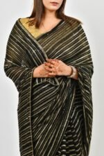 Black & Gold Striped Party Wear Saree with Golden Blouse - Image 3