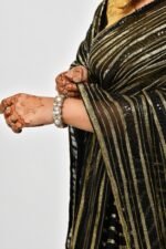 Black & Gold Striped Party Wear Saree with Golden Blouse - Image 4