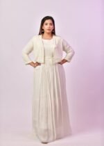 Elegant White Long Gown with Embroidered Jacket