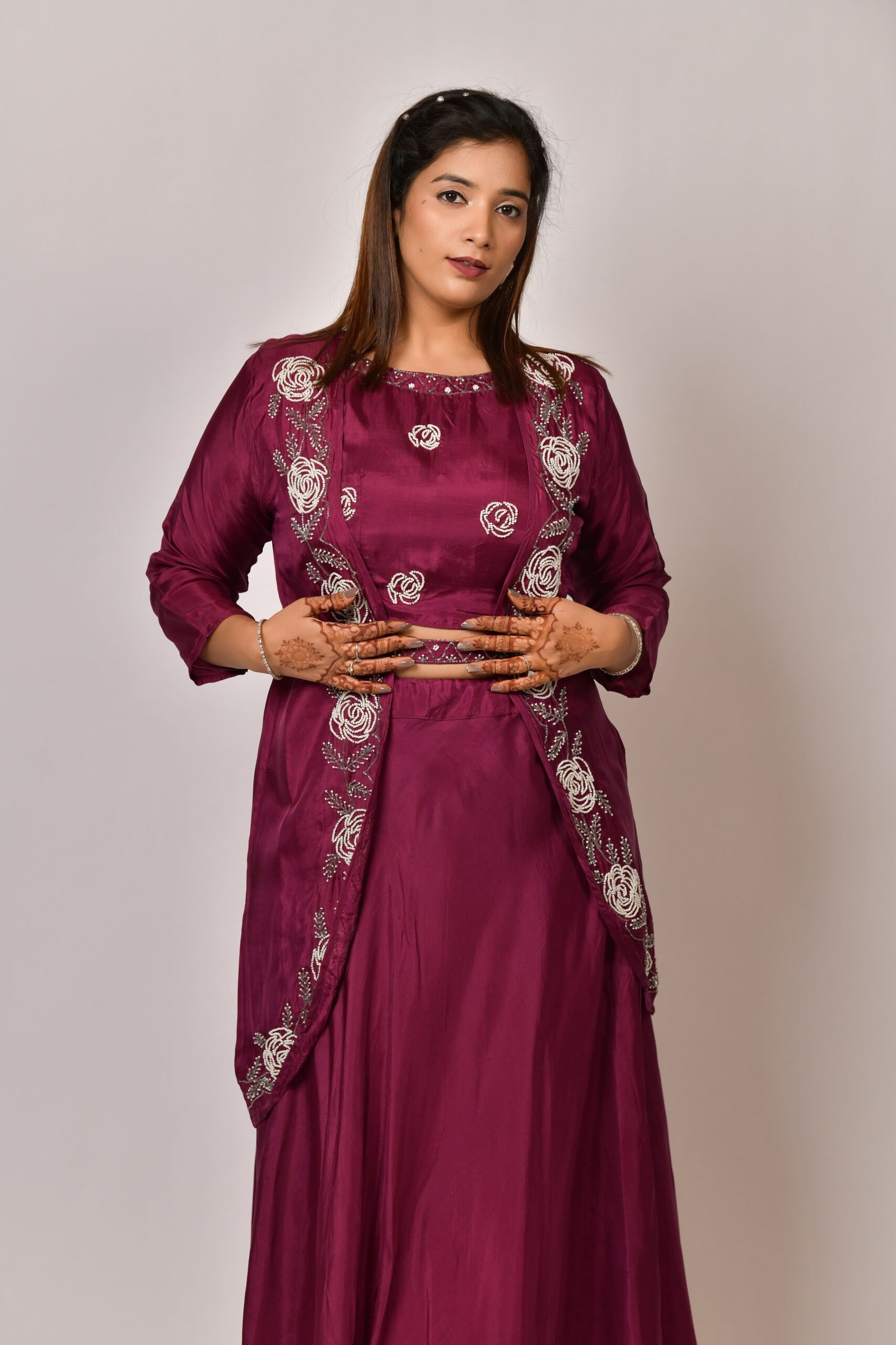 Wine Purple Embroidered Three-Piece Ethnic Set - Image 1