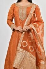 Rust Orange Silk Kurta Set with Banarasi Dupatta - Image 3