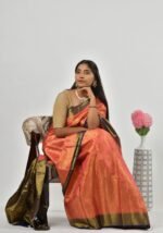 Coral-red silk saree - Image 3