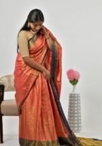 Coral-red silk saree - Image 4