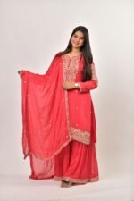 Red printed silk blend kurta set
