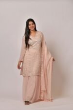 Nude Embroidered Silk Blend Straight Suit With Dupatta - Image 2