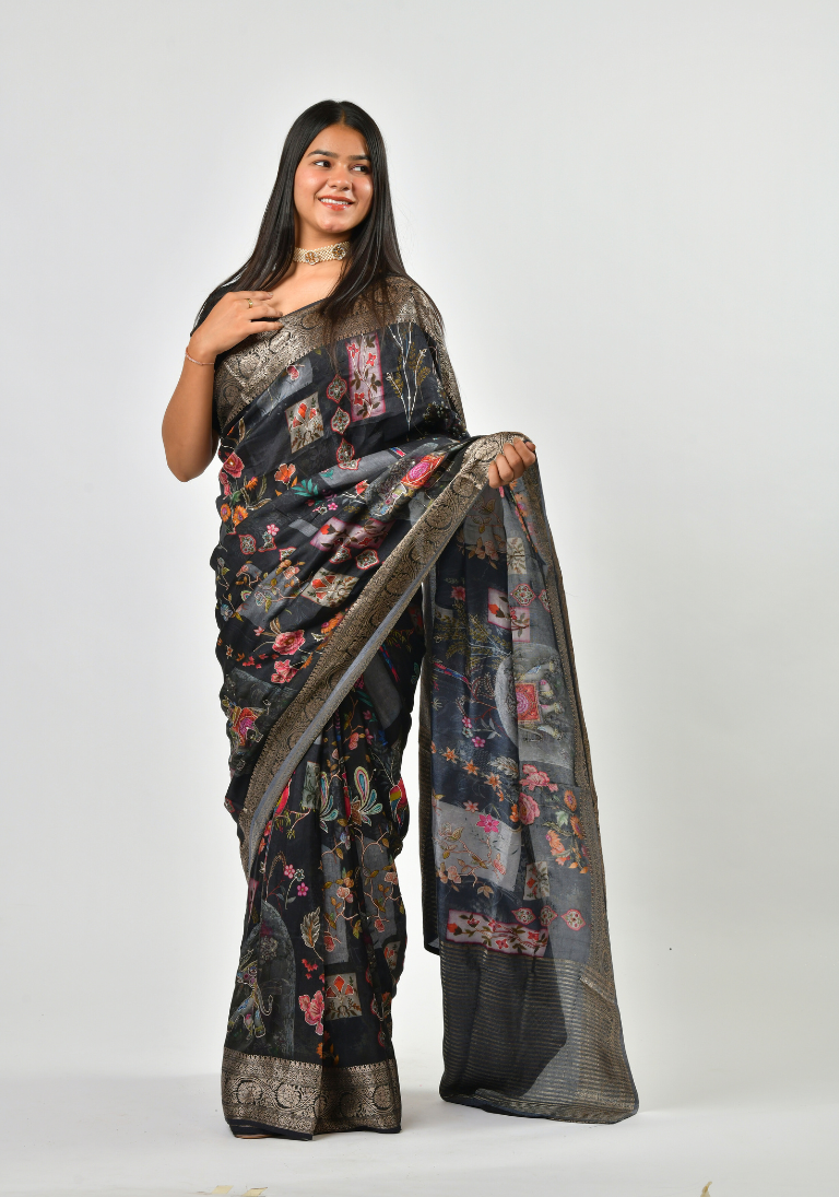 Floral prints Black Saree - Image 1